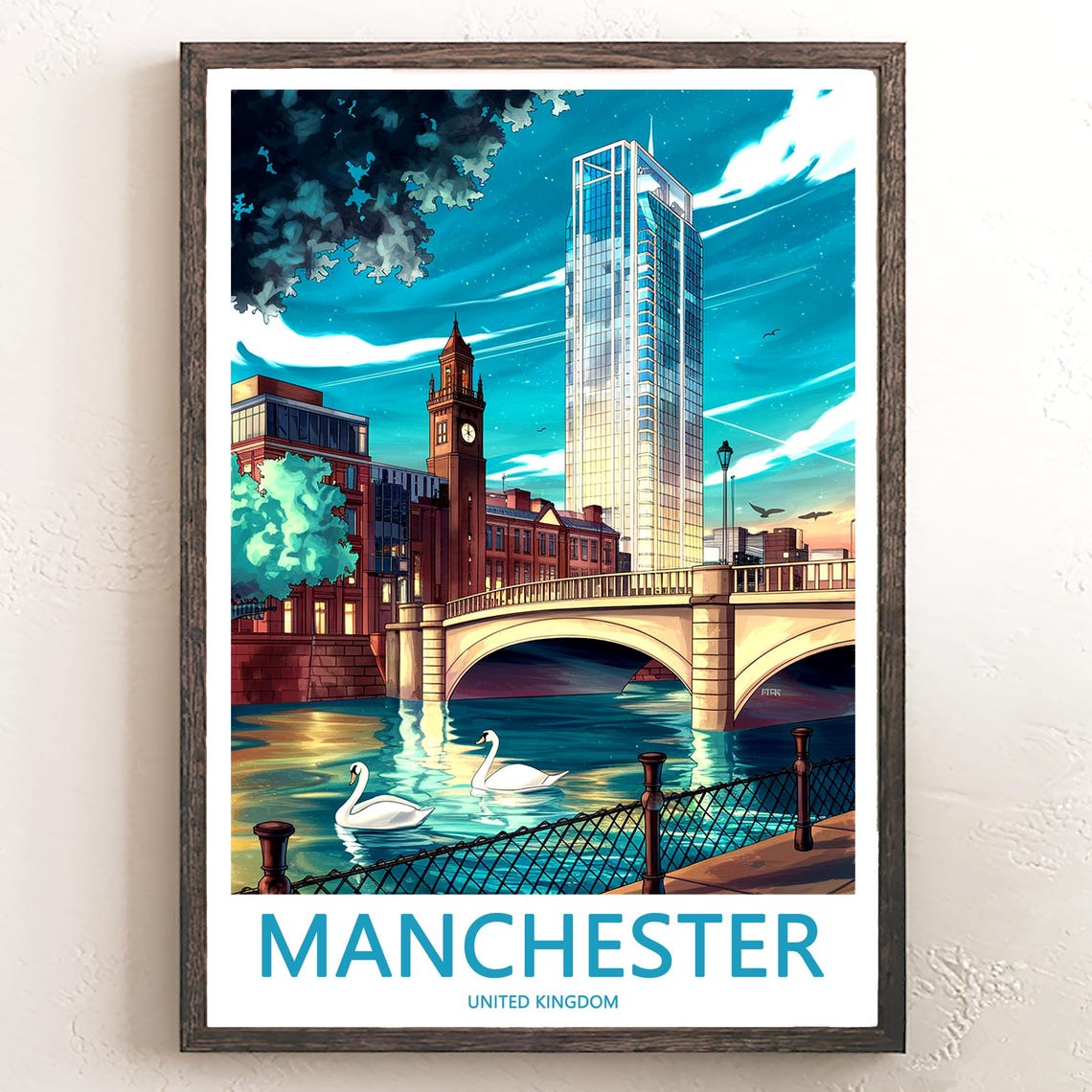 Manchester United Kingdom Glowing Evening Bridge with Swans Poster