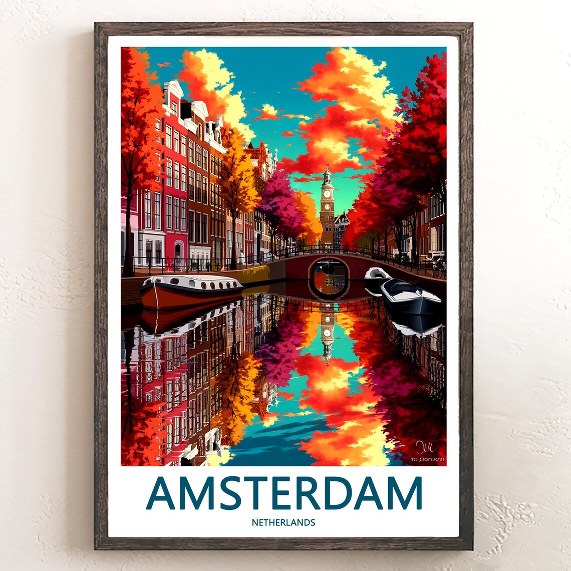 Amsterdam Fiery Autumn Canal Sunset with Boats Art Travel Poster