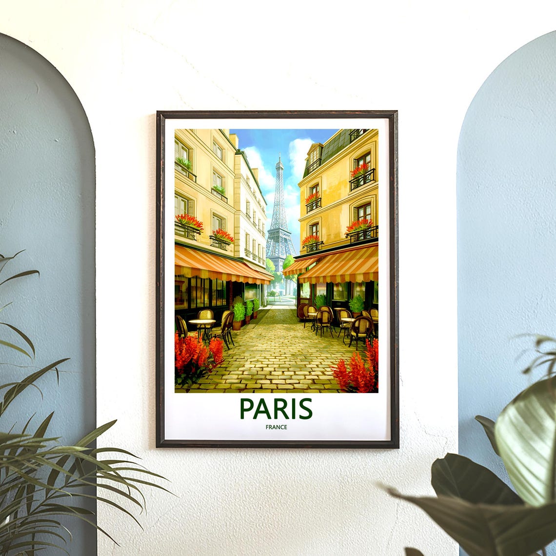 Eiffel Tower Cobblestone Cafe Lane Striped Awnings Paris Poster - Image 3