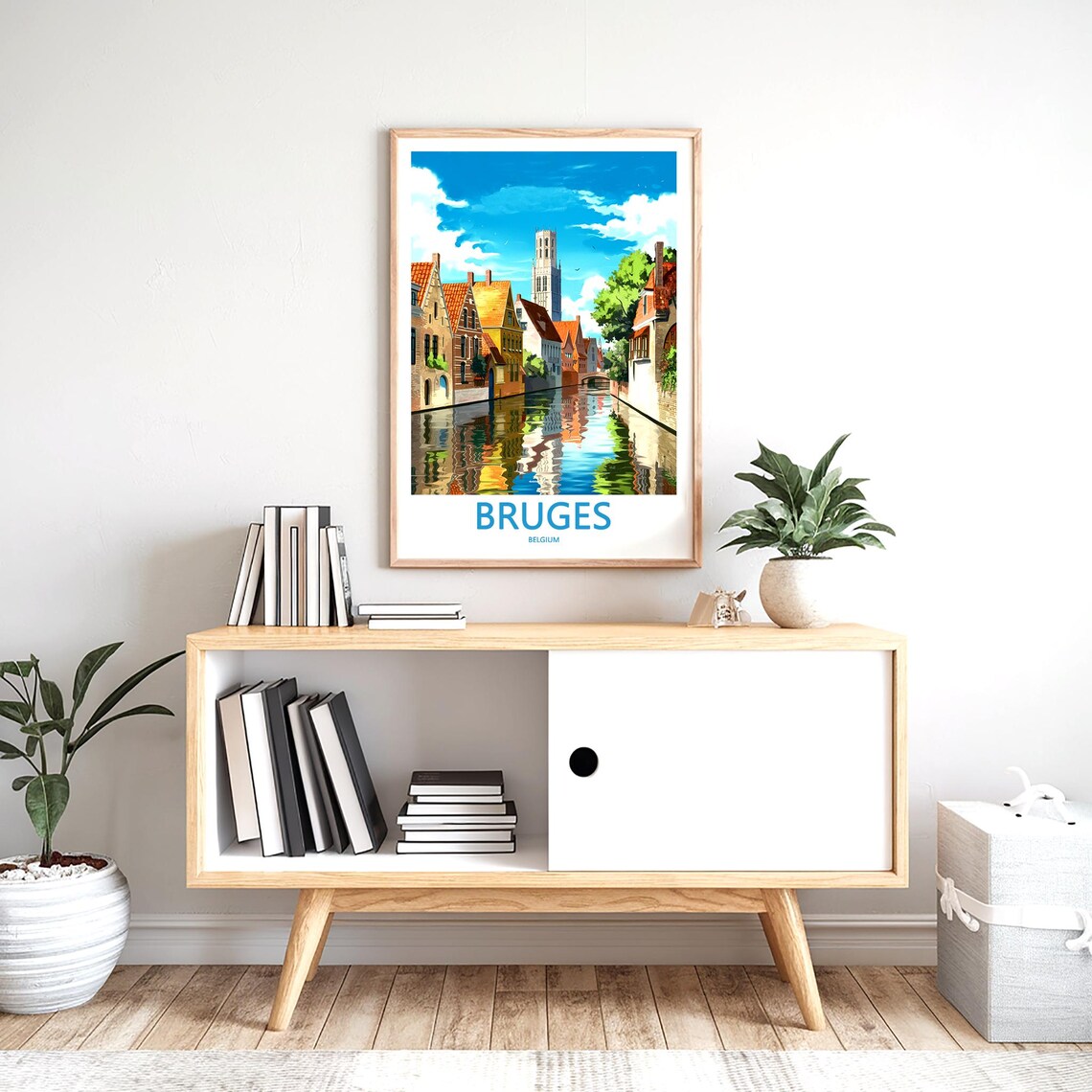 Bruges Belgium Canal With Historic Tower Under Bright Sky Poster - Image 2