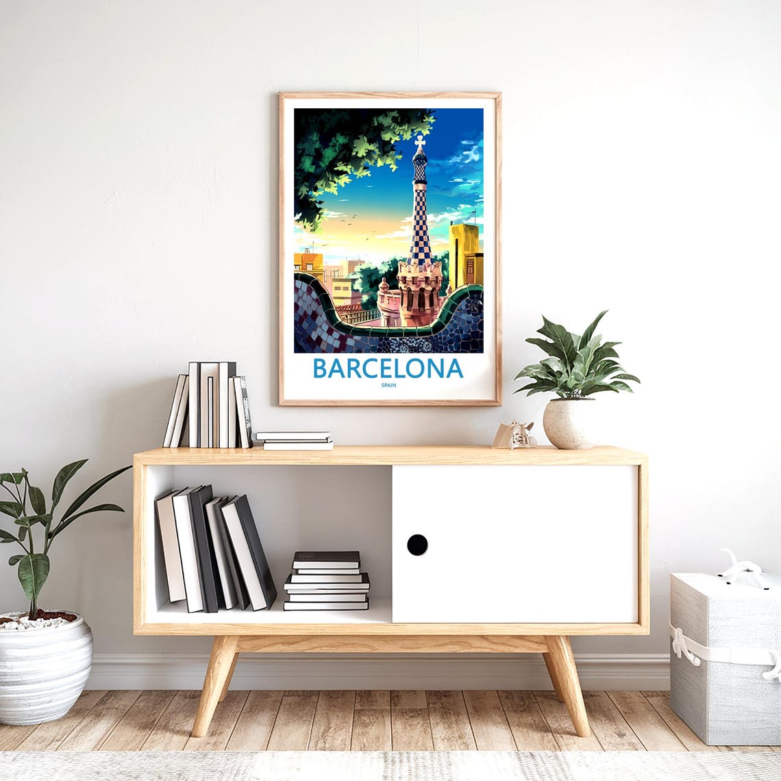 Barcelona Park Güell Checkered Tower Sunset Anime Scene Poster - Image 2
