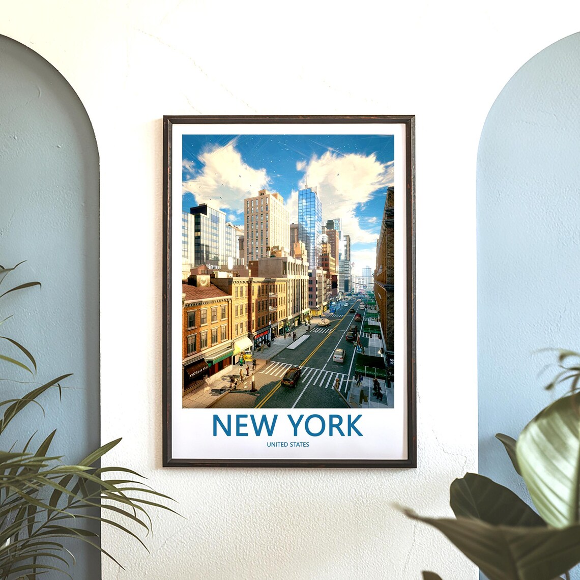 Busy New York Street with Brownstones and Skyscrapers Poster - Image 3