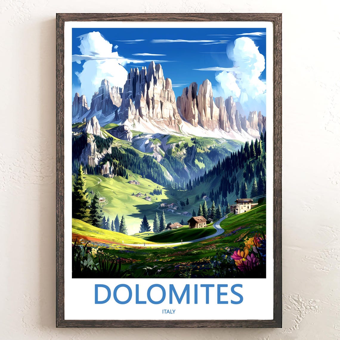 Dolomites Winding Road through Wildflower Meadow Travel Poster