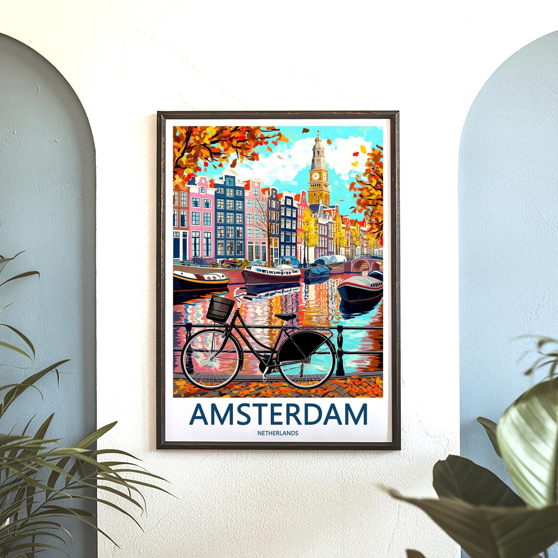 Amsterdam Canal with Bicycle Clock Tower Autumn Art Travel Poster - Image 3