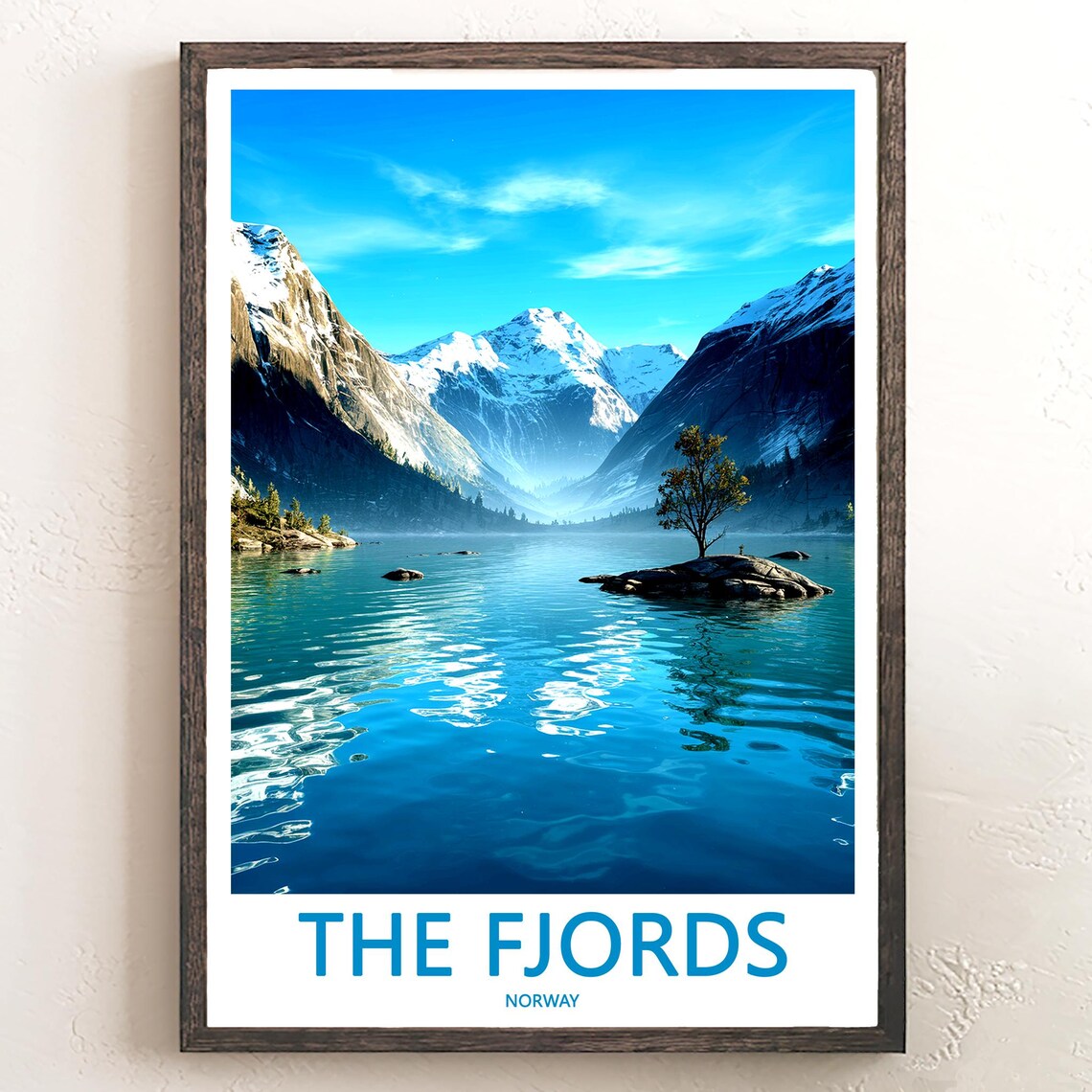 The Fjords Norway Snowy Peak Lone Tree Islet Illustrated Poster