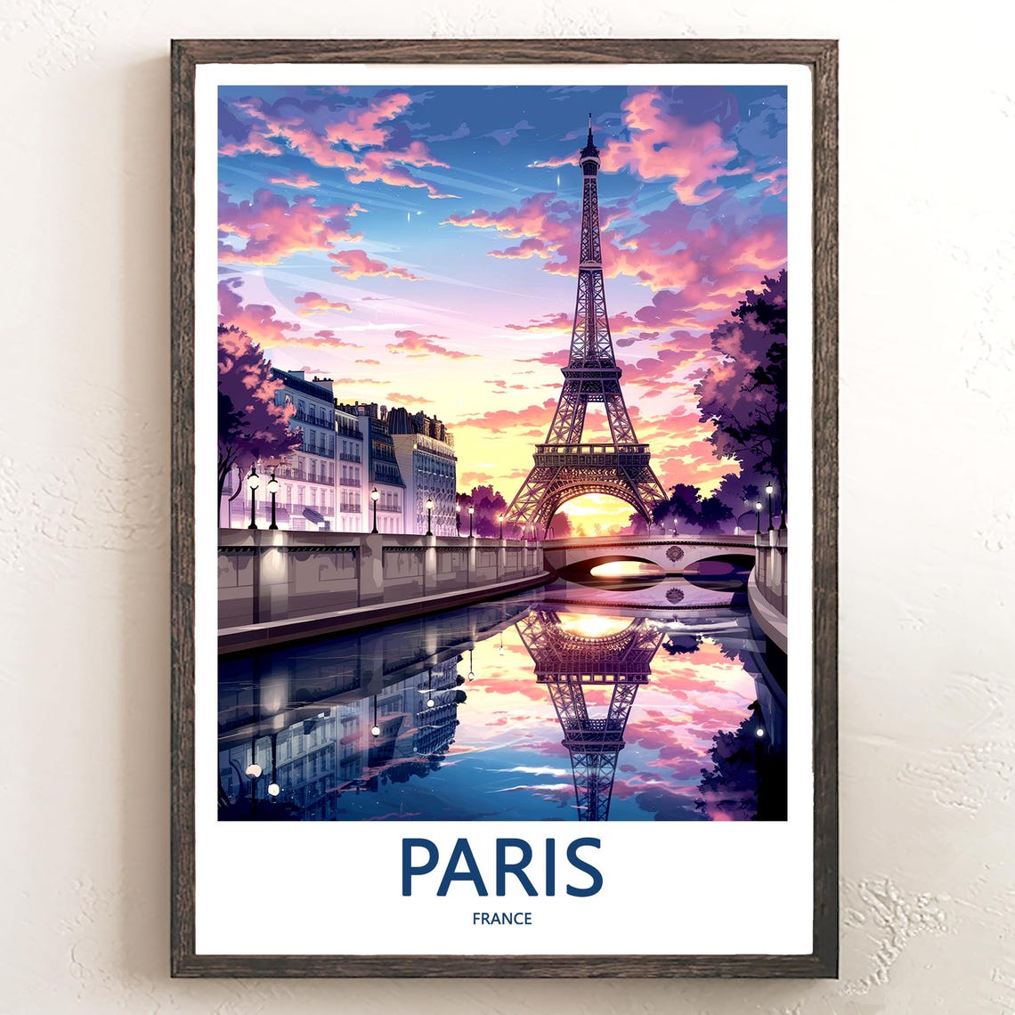 Eiffel Tower Reflected in the Seine Under a Pink Sunset Sky Poster