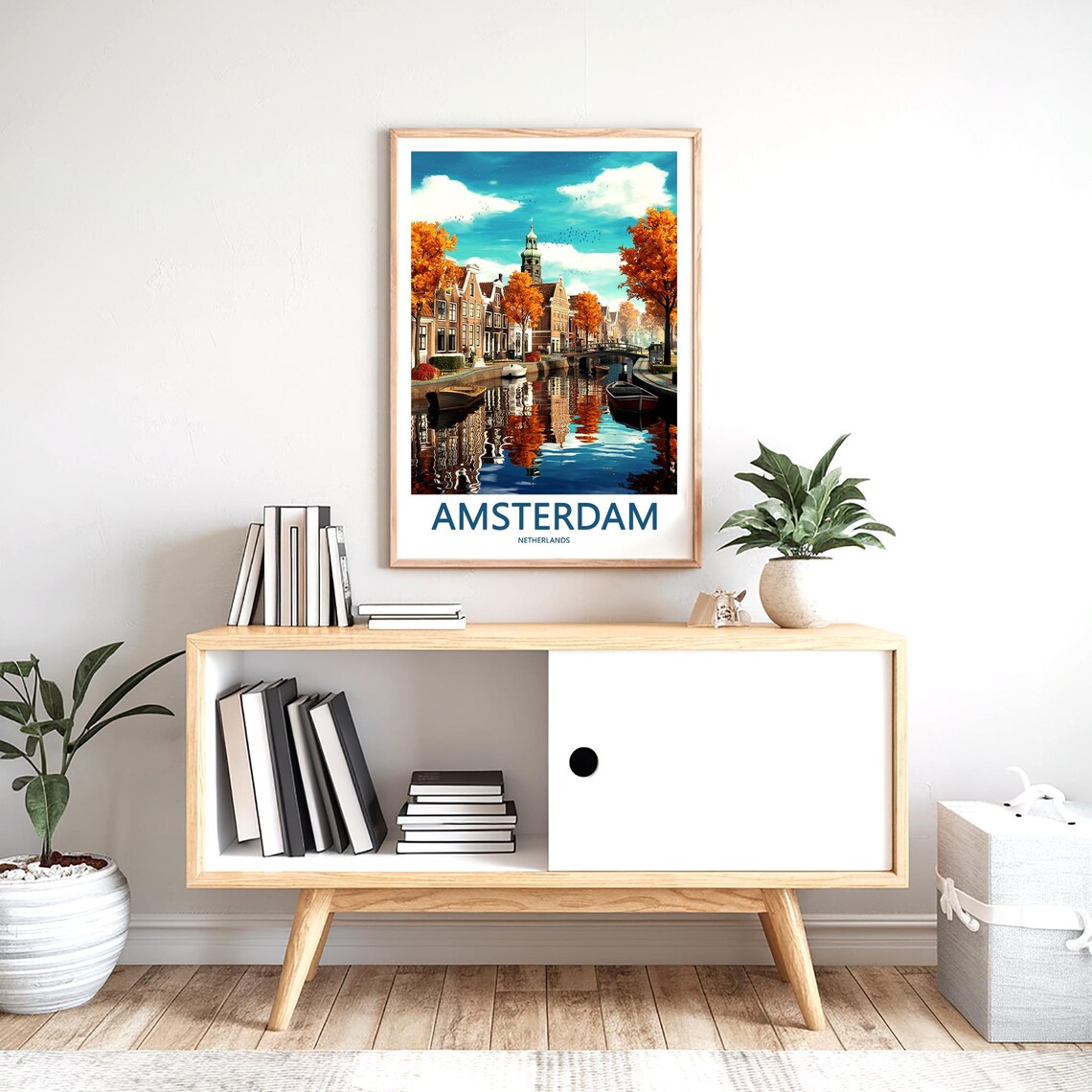 Scenic Amsterdam Golden Autumn Canal Boats Art Travel Poster - Image 2
