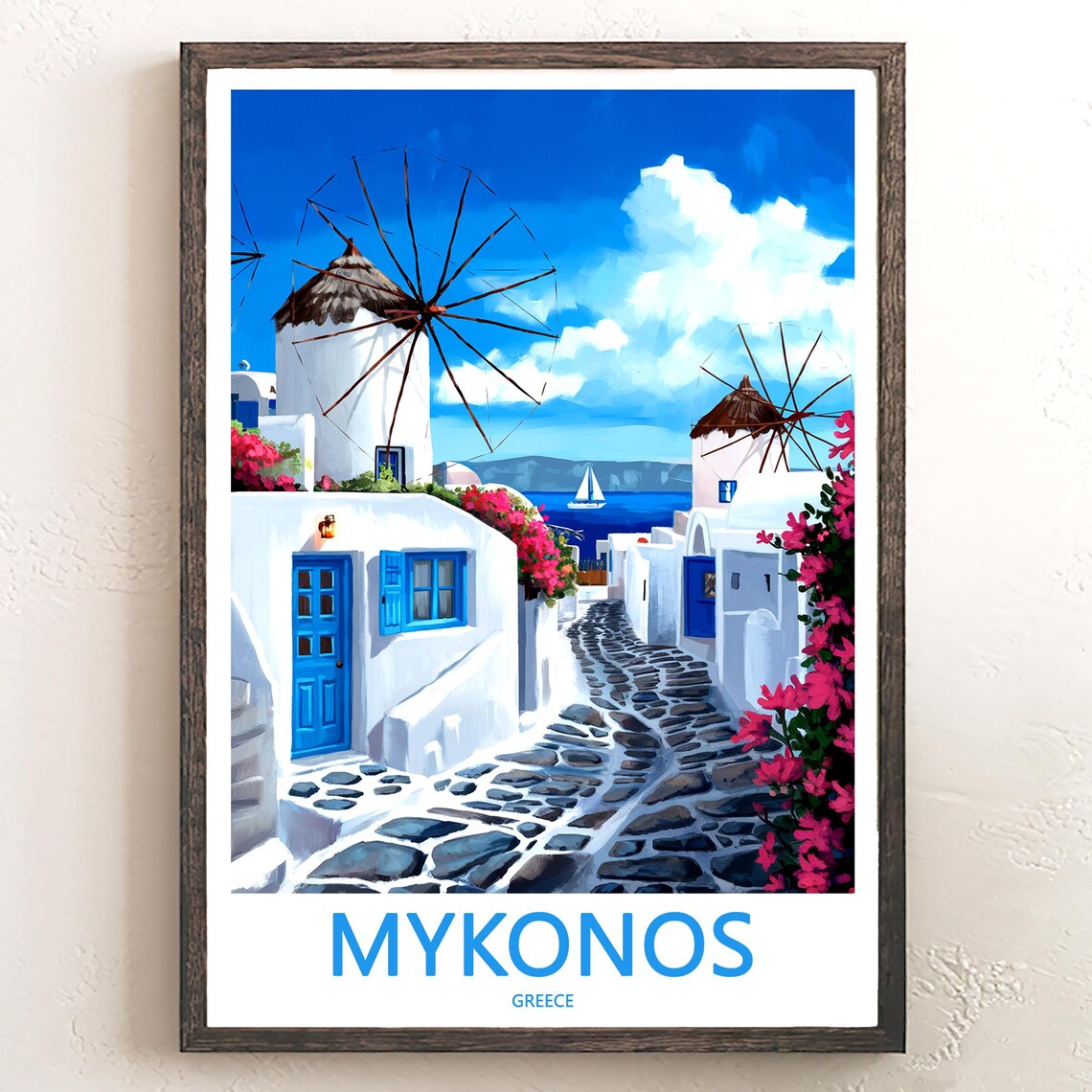 Mykonos Windmills Cobbled Street Bougainvillea Greece Art Poster