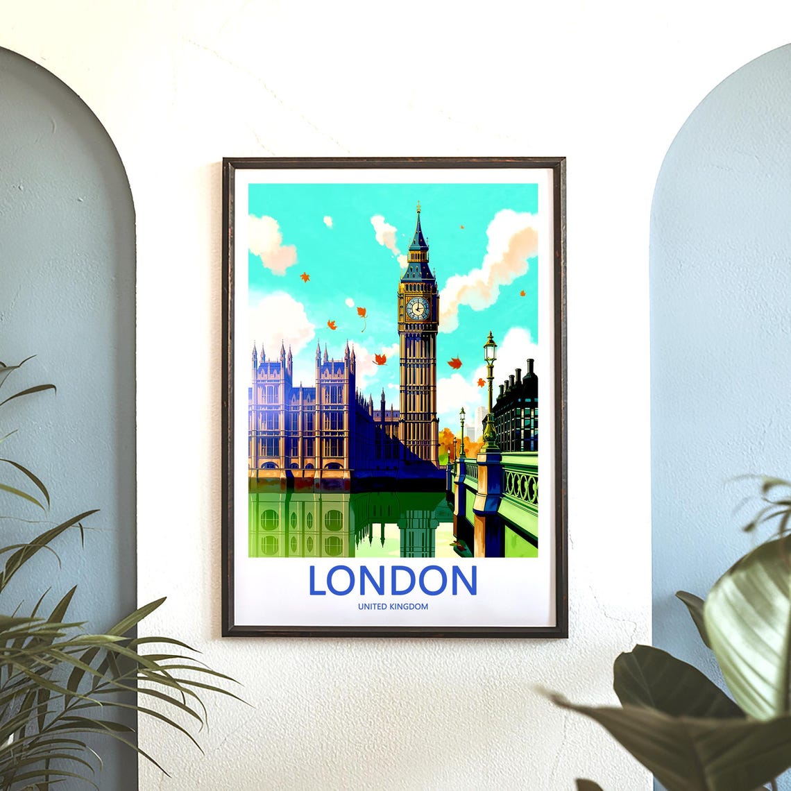 Big Ben Westminster Bridge Teal Sky Autumn Illustration Poster - Image 3