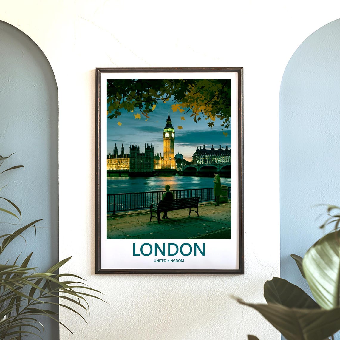 Big Ben at Dusk with a Lamp Lit Riverside Bench Scene Poster - Image 3
