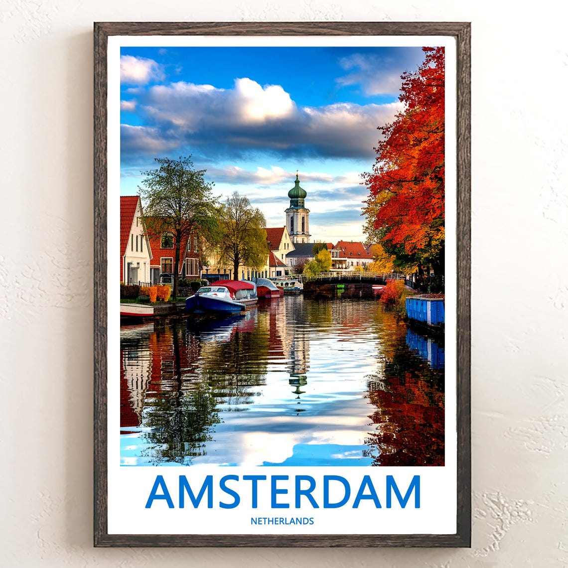 Amsterdam Autumn Canal Reflection with Red Trees and Boats Poster
