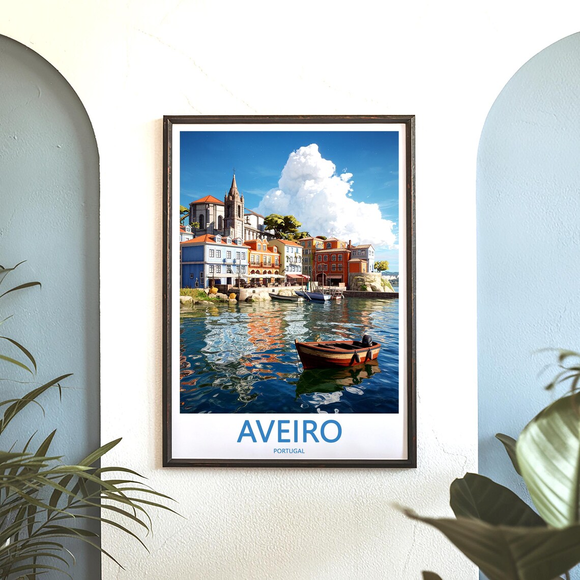 Aveiro Waterfront Church Bell Tower and Red Boat Travel Poster - Image 3