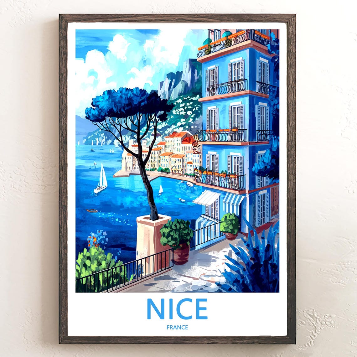 Nice France Terrace View Potted Pine Bay Travel Decor Poster