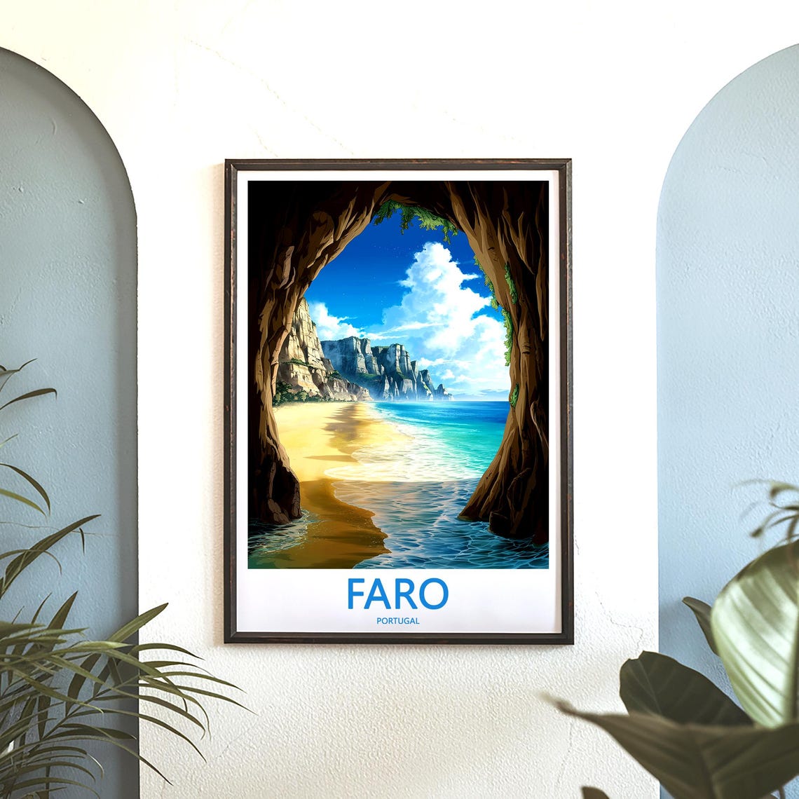 Faro Portugal Anime Style Cave Framing a Sunny Beach and Cliffs Poster - Image 3