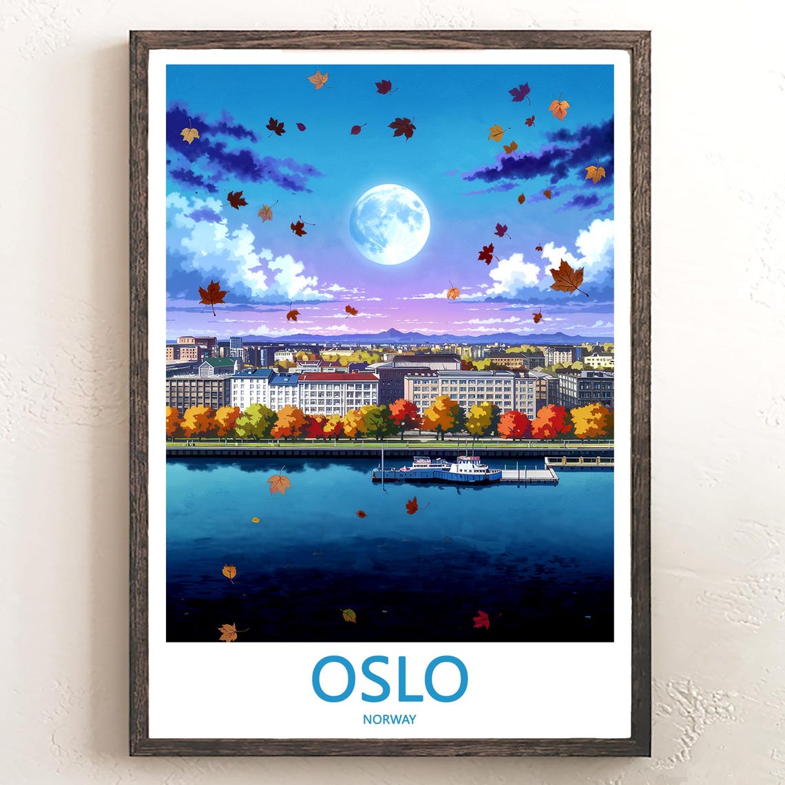 Oslo Moonlit Autumn Fjord Harbor with Falling Leaves Travel Poster