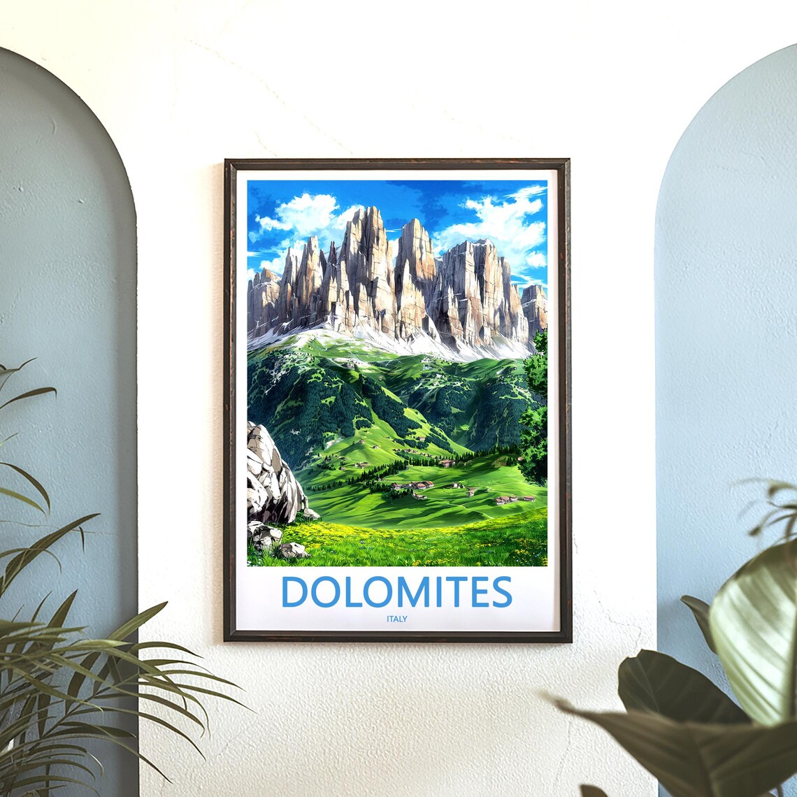 Dolomites Peaks above Green Valley with Cabins Travel Poster - Image 3