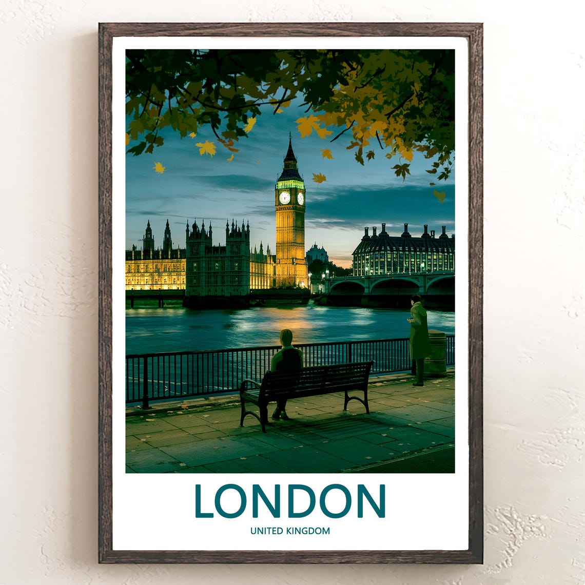 Big Ben at Dusk with a Lamp Lit Riverside Bench Scene Poster