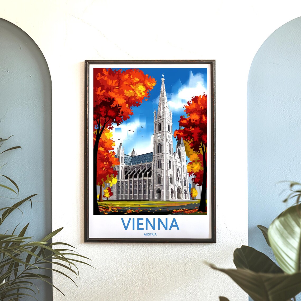 Vienna Austria White Gothic Church in Fiery Autumn Travel Poster - Image 3