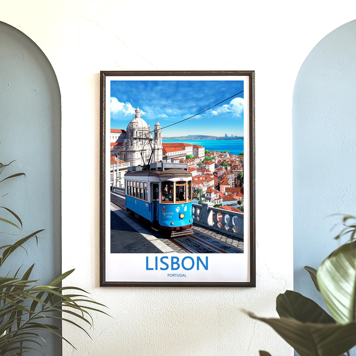Lisbon Blue Tram 123 Overlooking the Tagus River Hills Poster - Image 3