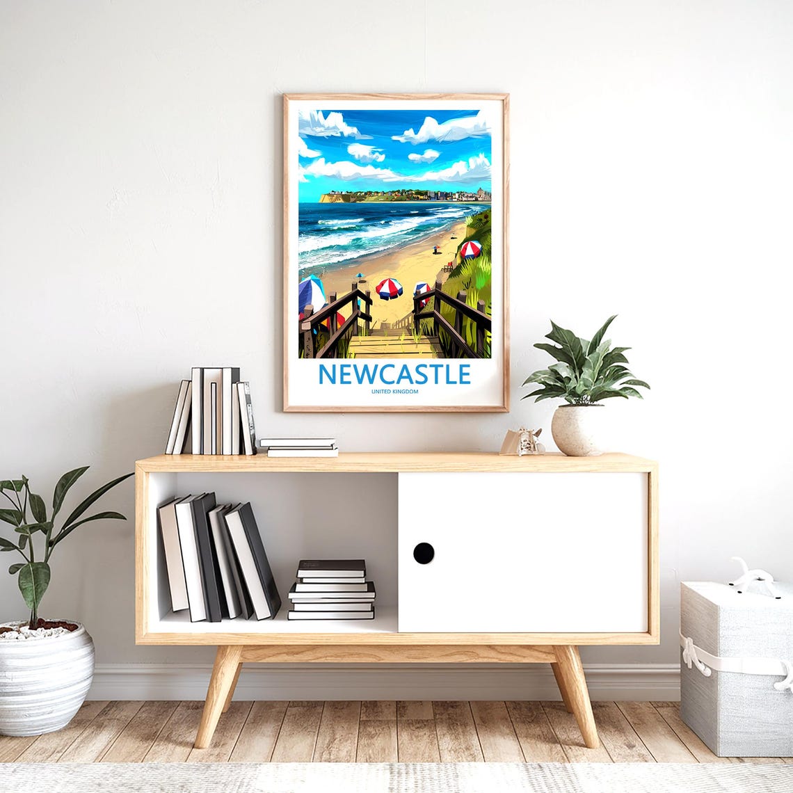 Newcastle Beach Boardwalk with Colorful Umbrellas Sunny Travel Poster - Image 2