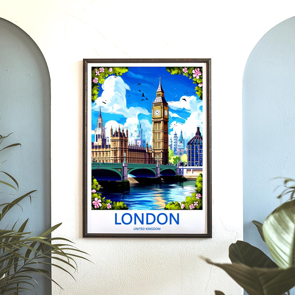 Big Ben Westminster Bridge Floral Spring Illustration Poster - Image 3