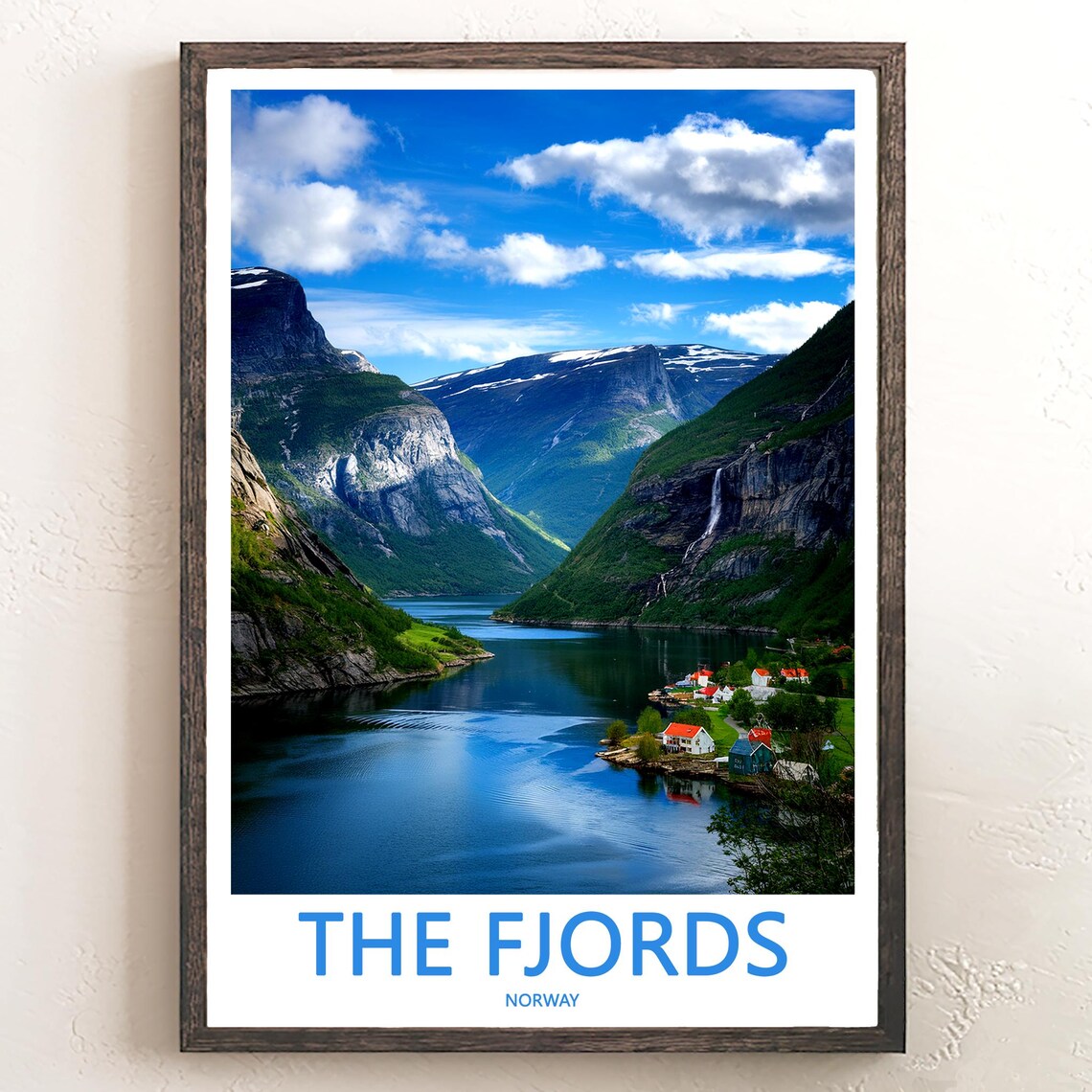 The Fjords Norway Lakeside Village Waterfall Shore View Poster