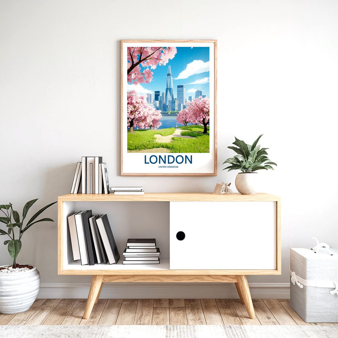 The Shard Beyond Cherry Blossom Trees by the River Thames Poster - Image 2