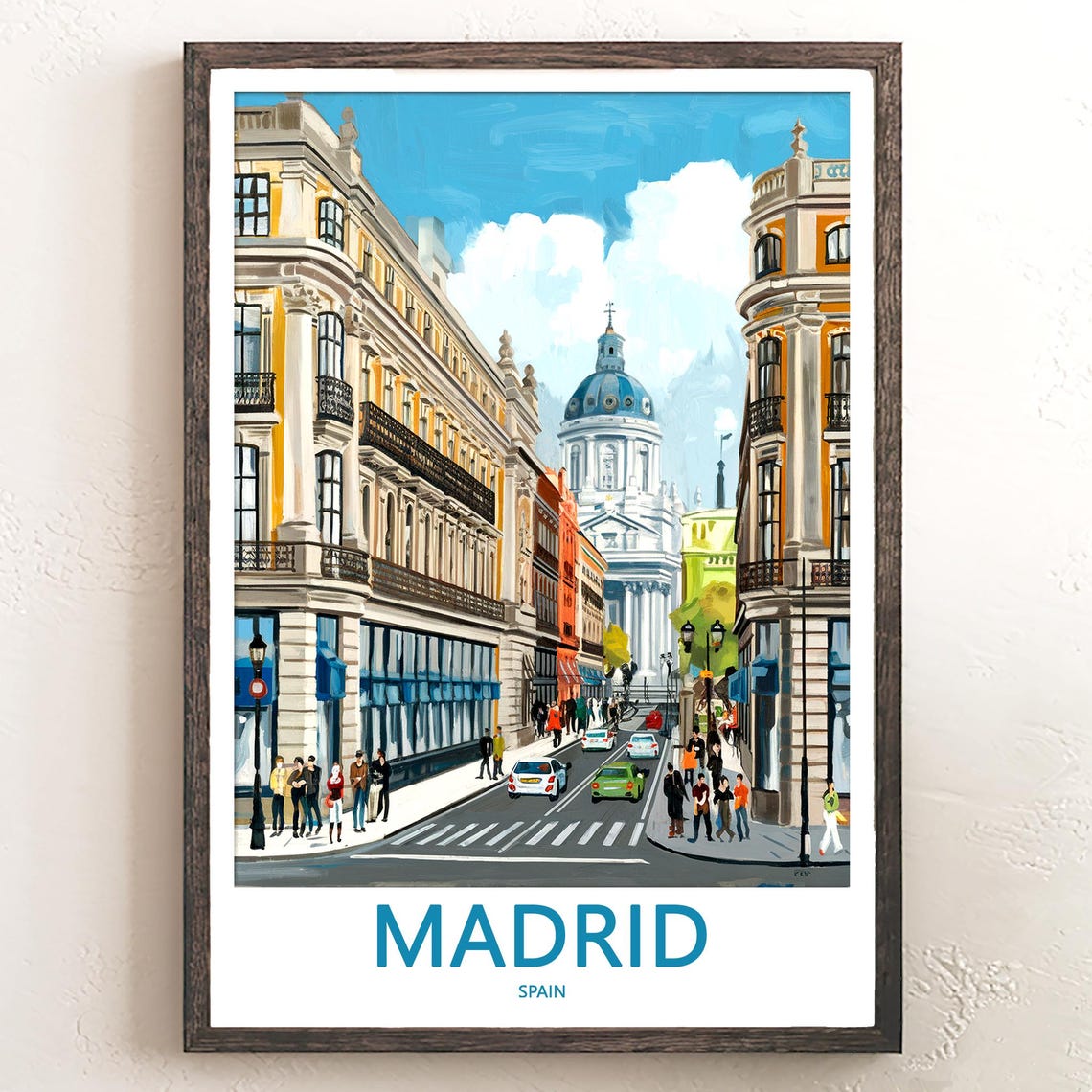 Madrid Blue Dome Cathedral Busy Boulevard Crowds Scene Poster