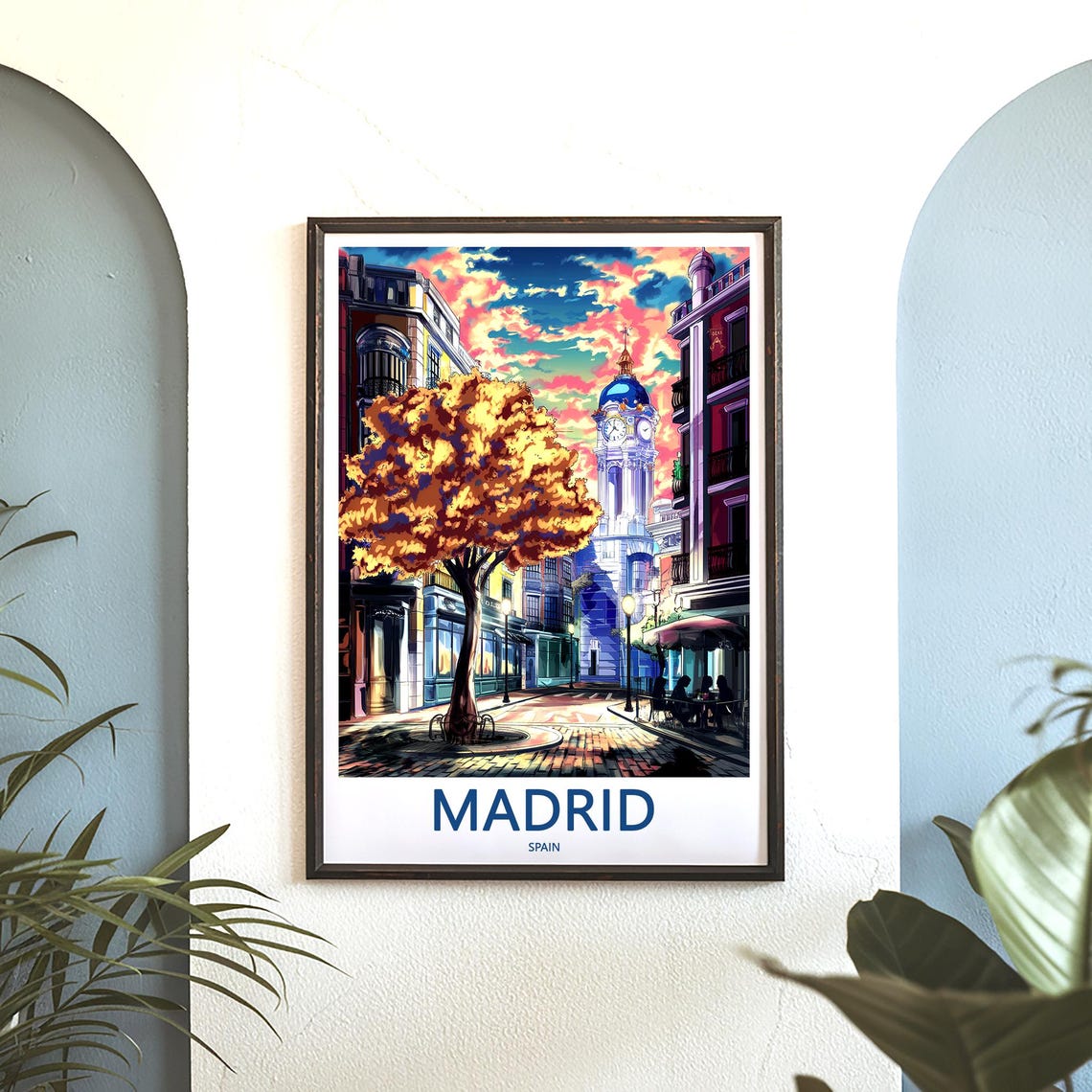 Madrid Clock Tower Golden Autumn Tree Sunset Glow Art Poster - Image 3