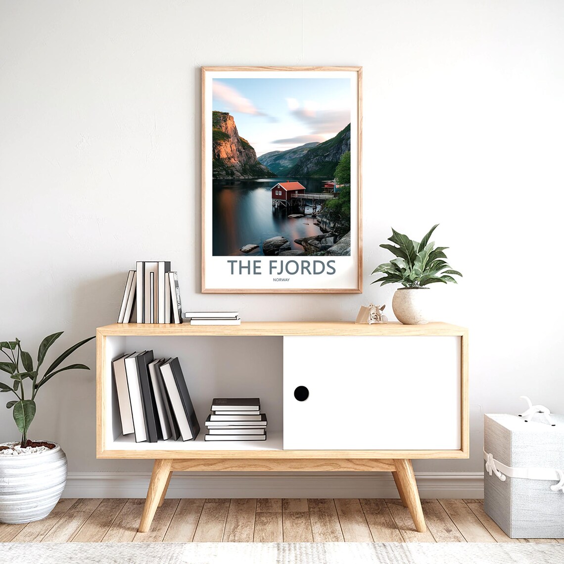 Norwegian Fjords Red Stilt Boathouse at Sunset Norway Travel Poster - Image 2