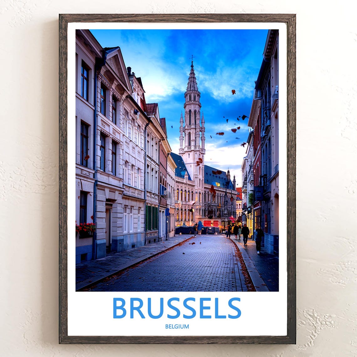 Brussels Old Town Evening Street View Town Hall Tower Travel Poster