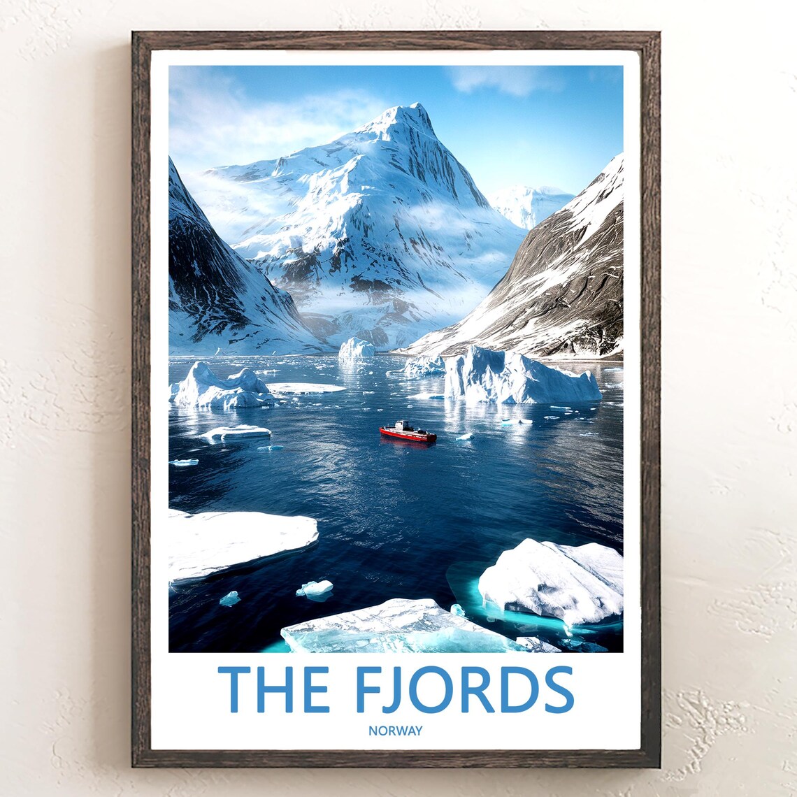 The Fjords Norway Snowy Icebergs Red Ship Winter Scene Poster