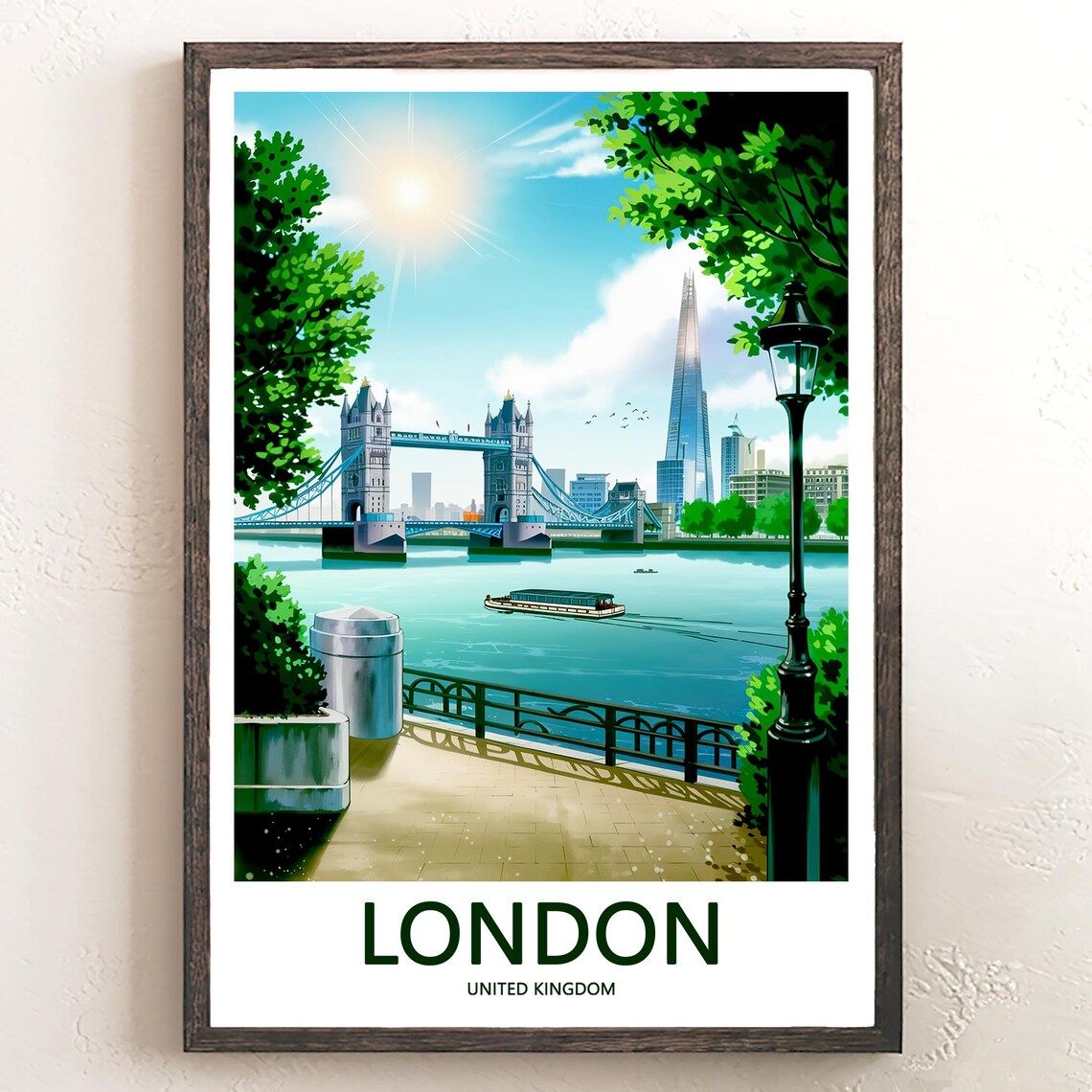 Tower Bridge and The Shard Sunny Promenade Illustration Poster
