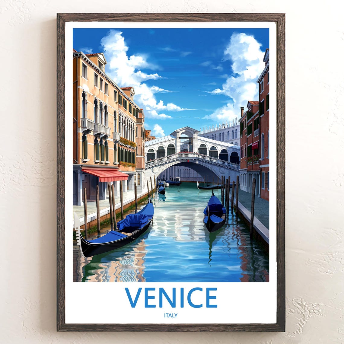 Venice Italy Illustrated Rialto Bridge With Blue Gondolas Poster