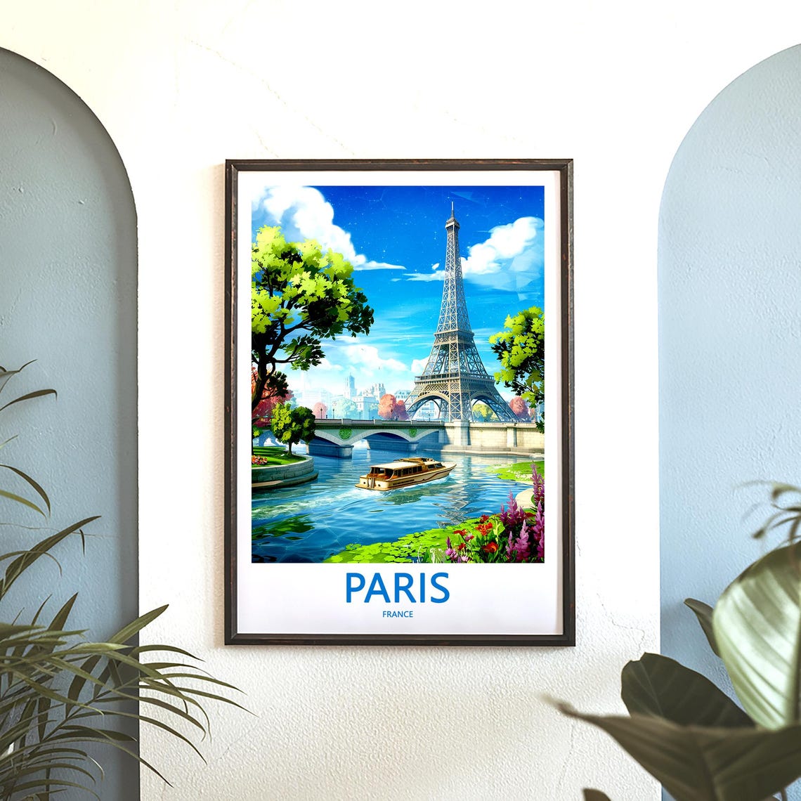 Paris Eiffel Tower Bridge View With River Boat in Autumn Poster - Image 3