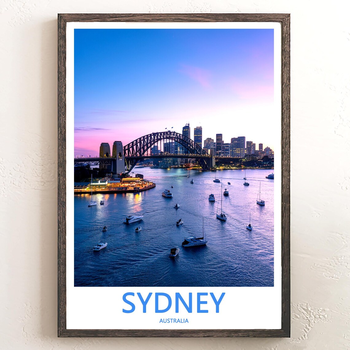 Sydney Harbour Bridge at Twilight with Boats on the Dark Water Poster