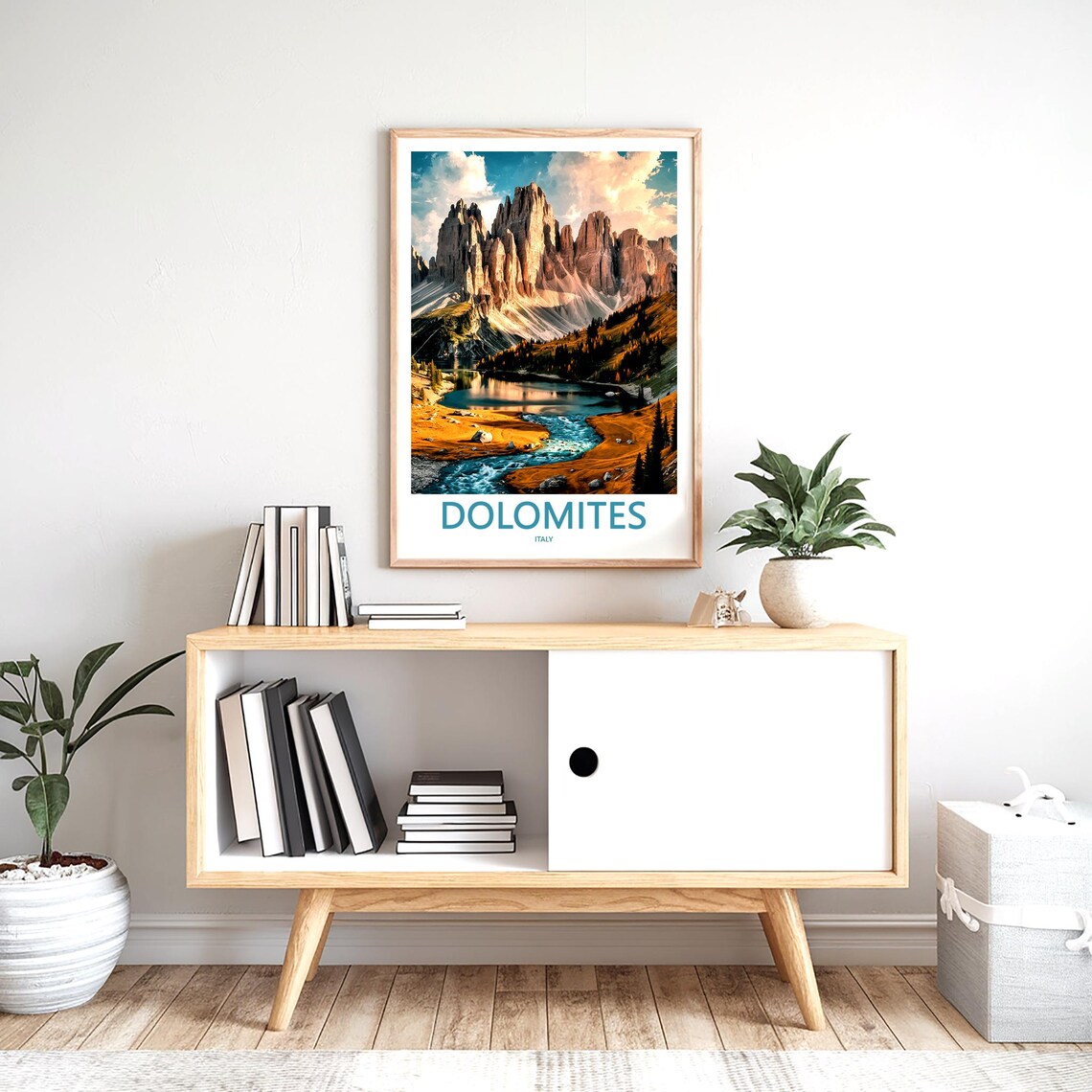Dolomites Autumn Lake below Rocky Peak Wall Italy Travel Poster - Image 2
