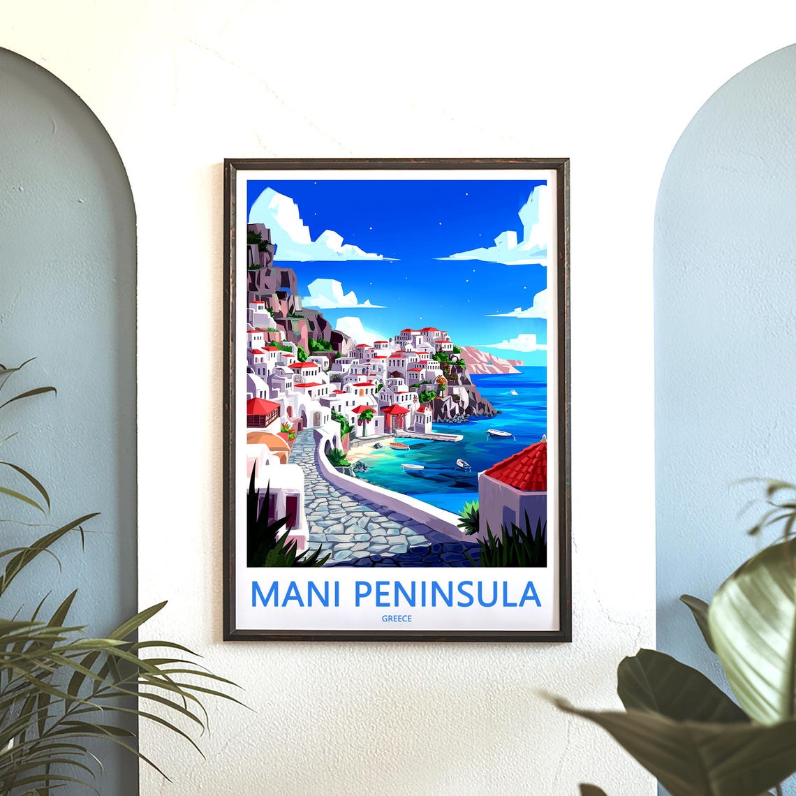 Mani Peninsula Greece Whitewashed Cliffside Village Harbor Poster - Image 3