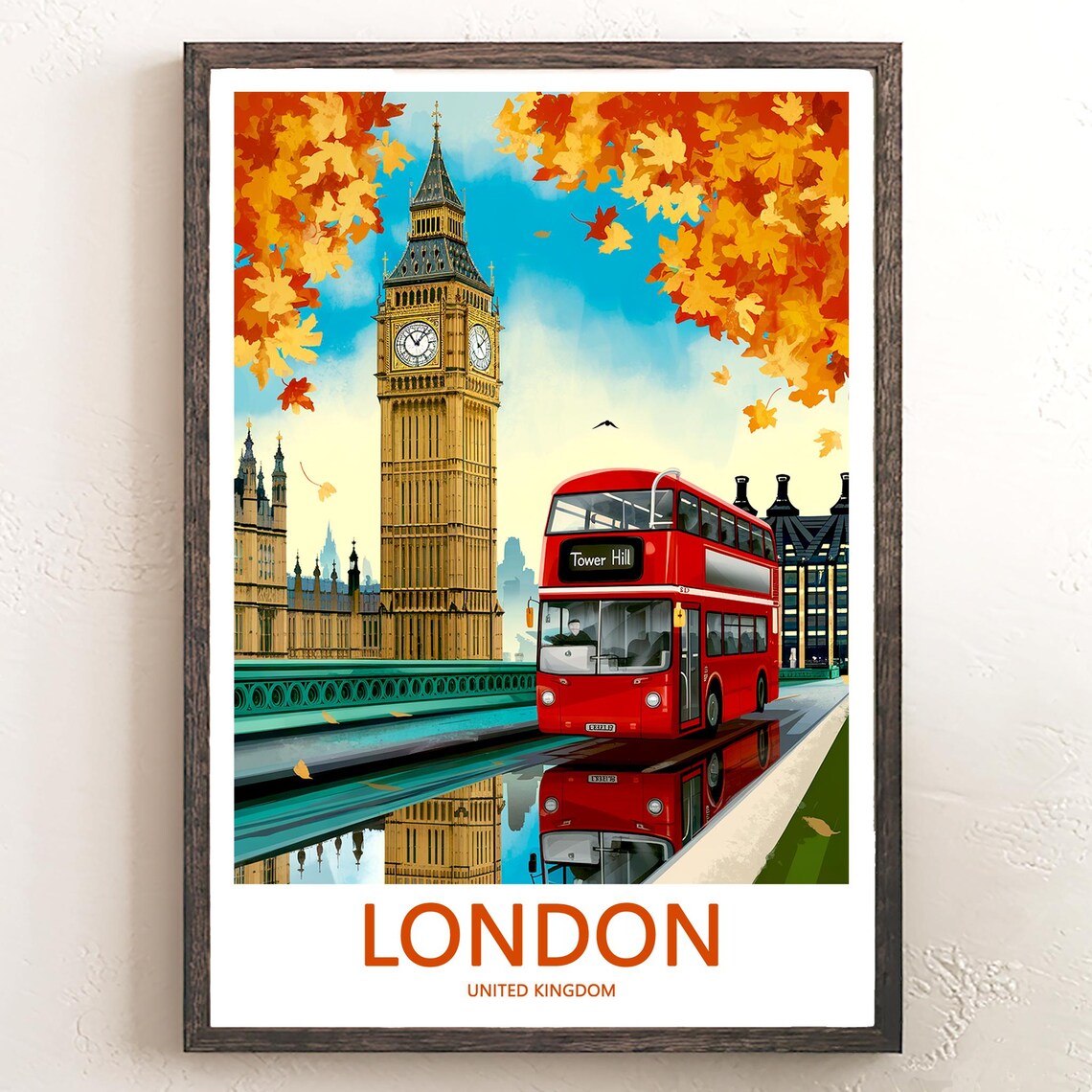 Big Ben Red Double Decker Bus at Tower Hill Autumn Illustration Poster