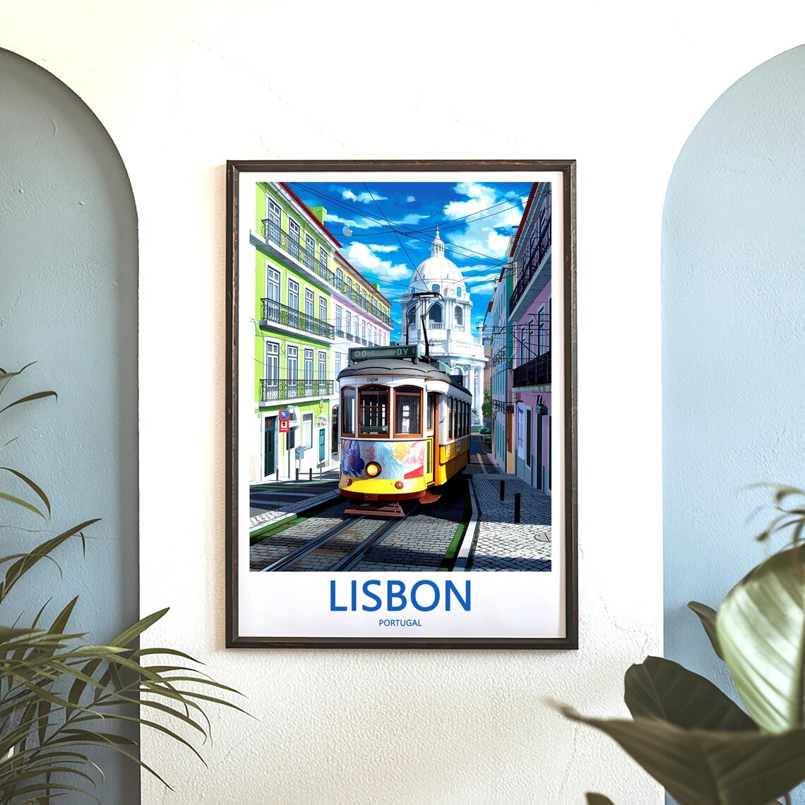Lisbon Colorful Art Tram With White Pantheon Dome View Poster - Image 3