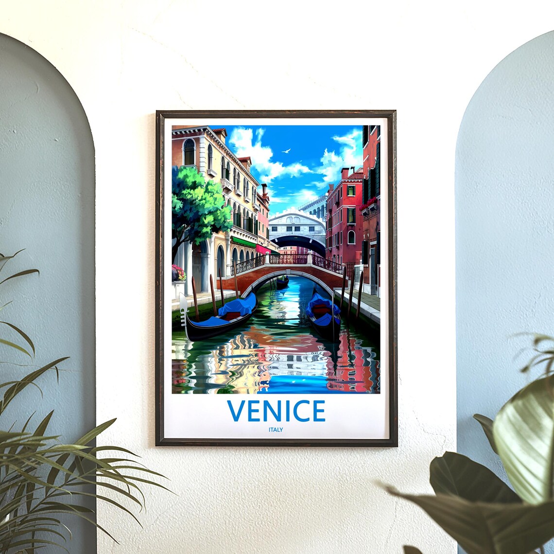 Venice Italy Illustrated Narrow Canal With Bridge And Gondolas Poster - Image 3