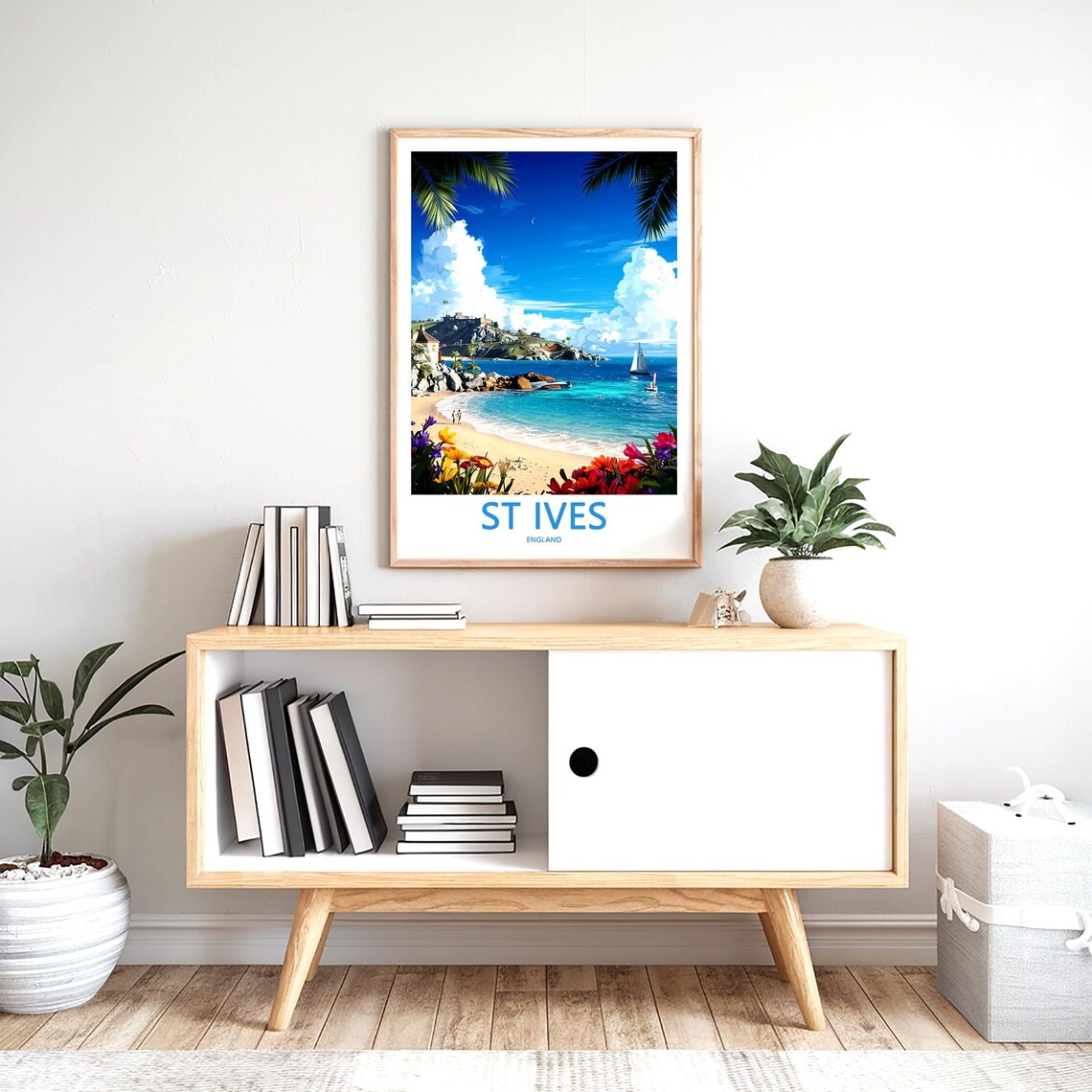 St Ives England Sandy Beach Sailboats Palm Fronds Floral Poster - Image 2