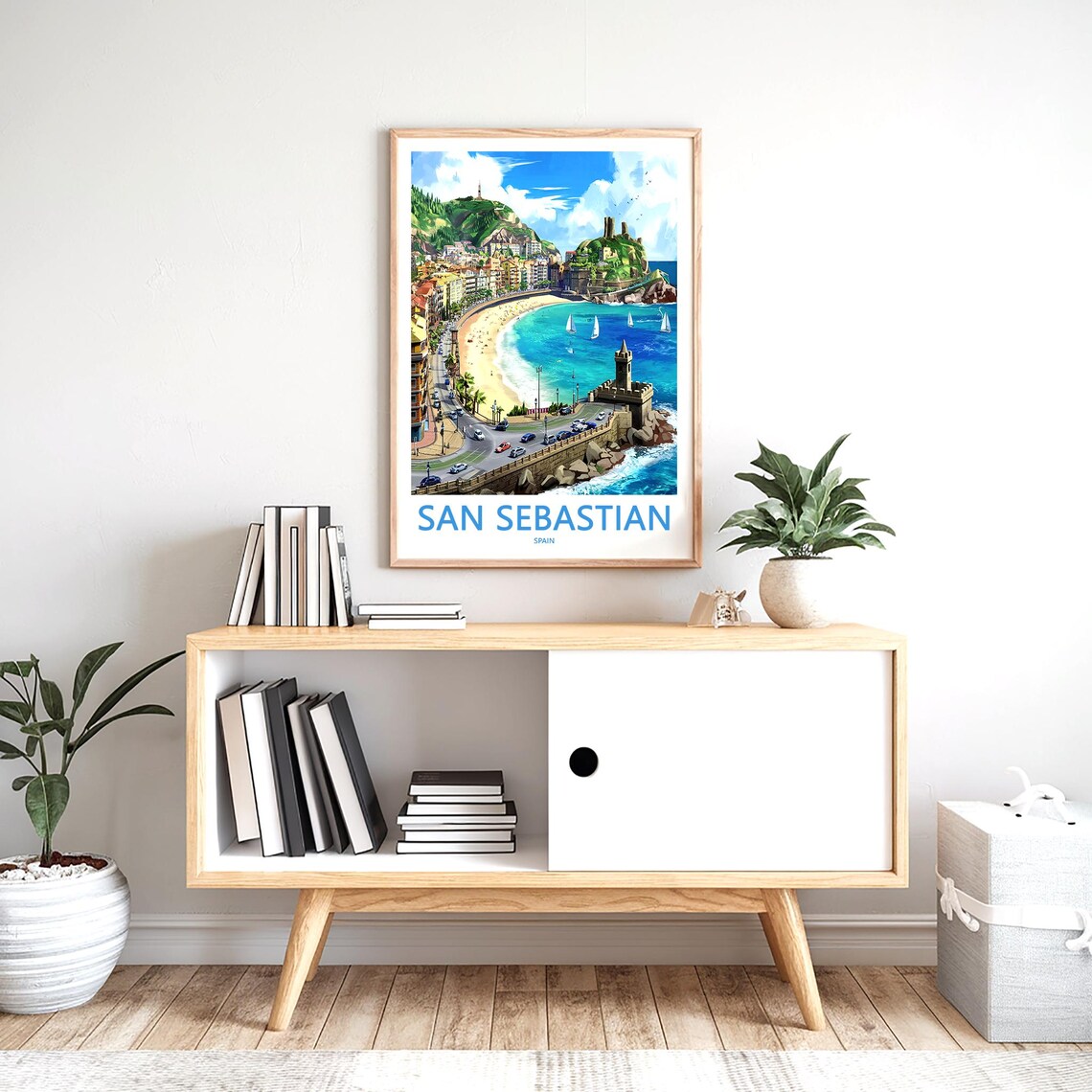 San Sebastian Harbor Fortress Sailboats Curved Beach Travel Poster - Image 2