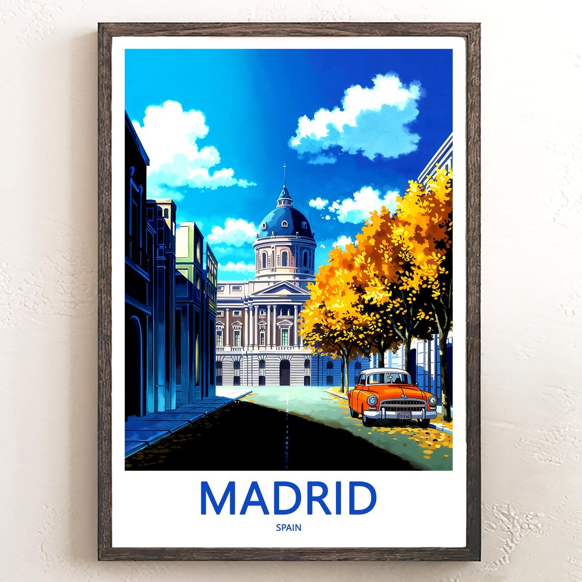 Madrid Palace Blue Dome Golden Autumn Day Illustration Poster