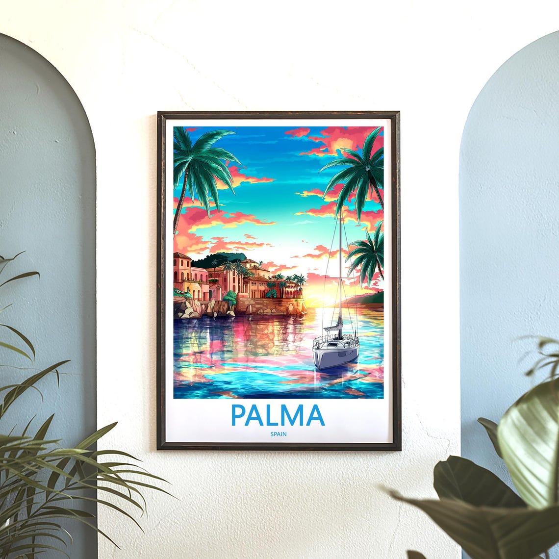 Palma Spain Harbor Sunset Sailboat Palm Trees Waterfront Poster - Image 3