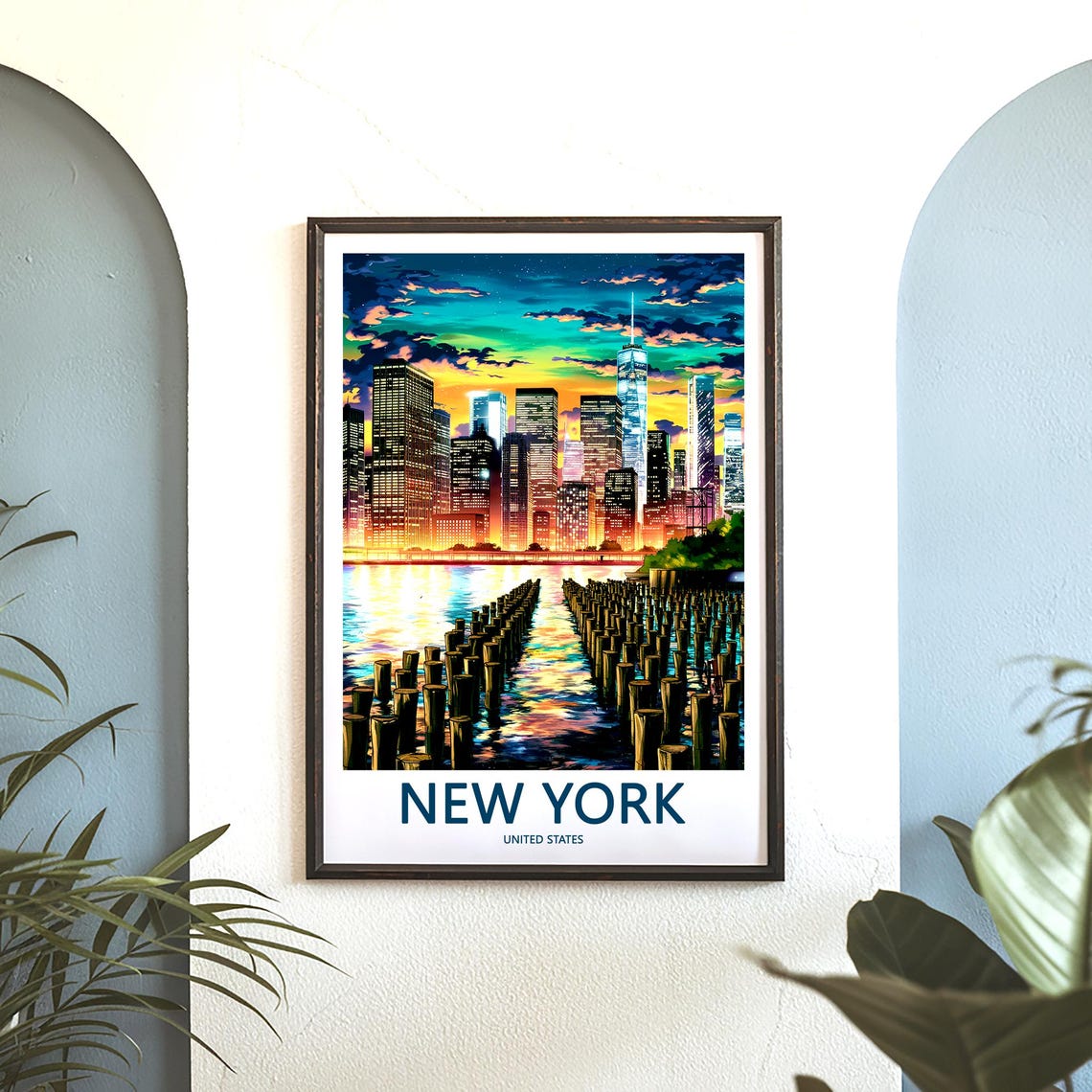 New York Manhattan Dramatic Dusk Clouds Skyline Water Poster - Image 3