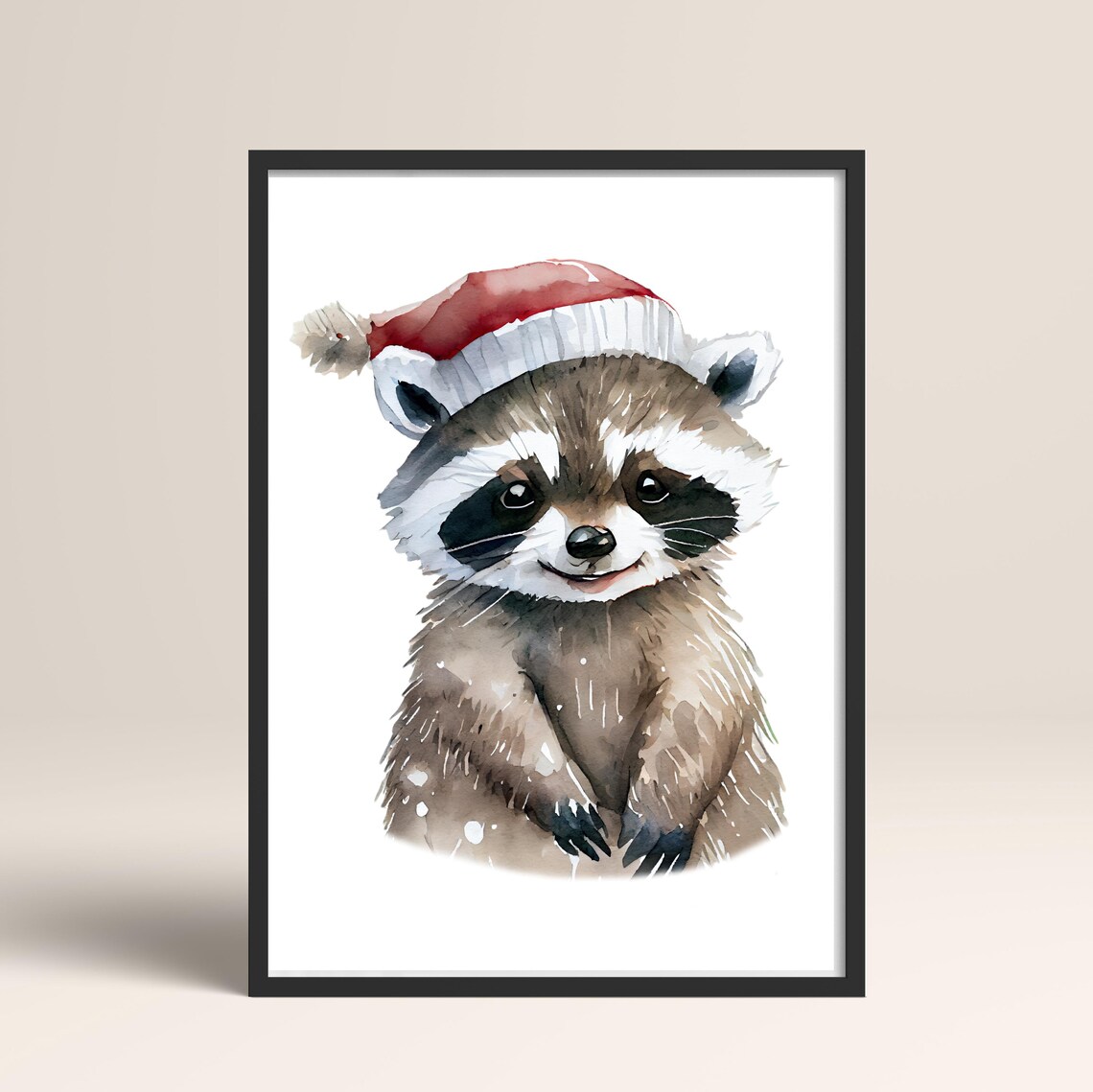 Cute Watercolor Baby Raccoon In Red Santa Hat Christmas Print
