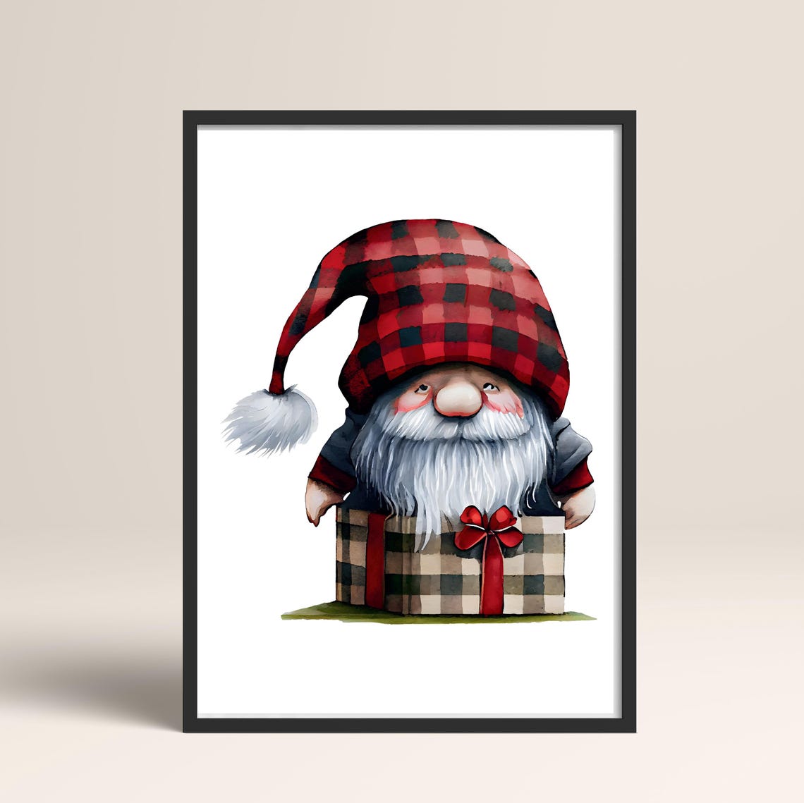 Buffalo Plaid Christmas Gnome Holding Wrapped Gift Watercolor Poster
