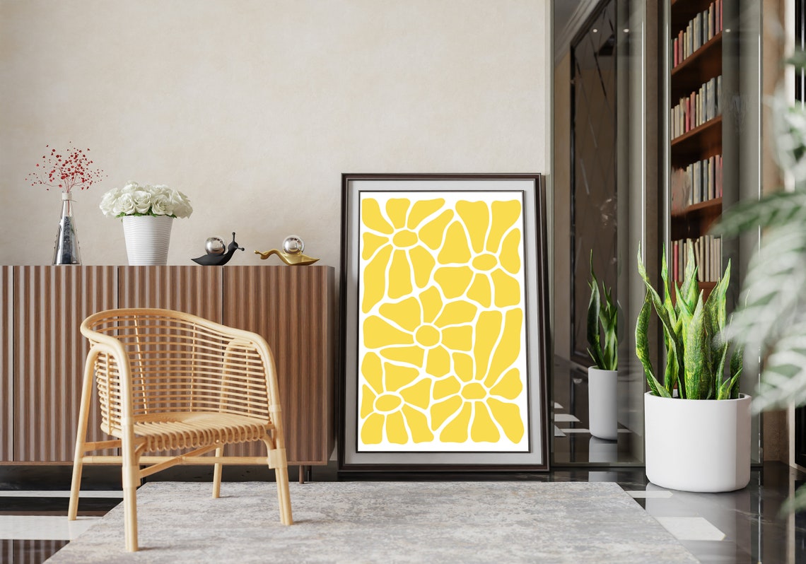 Sunny Yellow Interlocking Flower Lattice Poster with Petals Art - Image 2