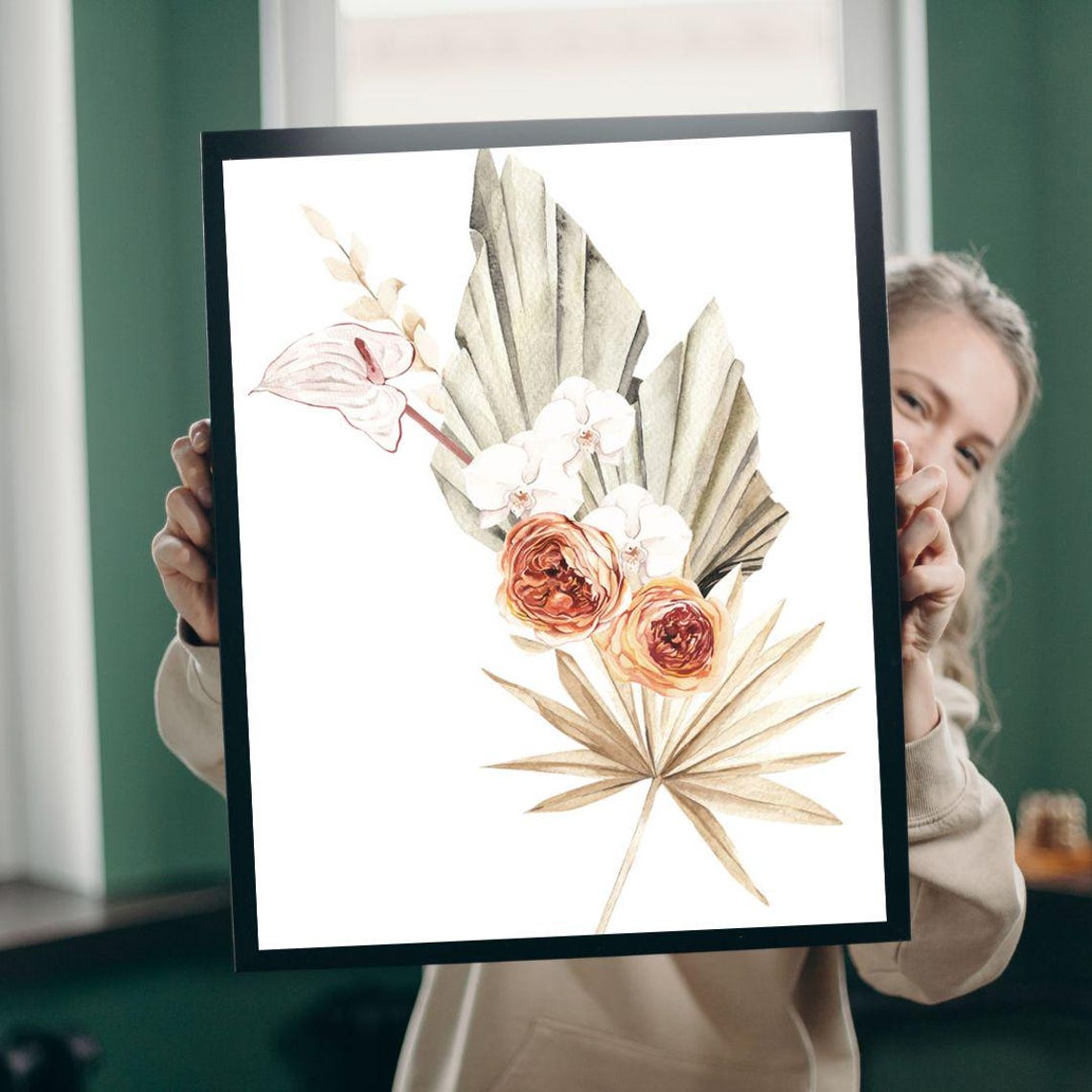 Burnt Orange Ranunculus Anthurium Watercolor Tropical Wall Art